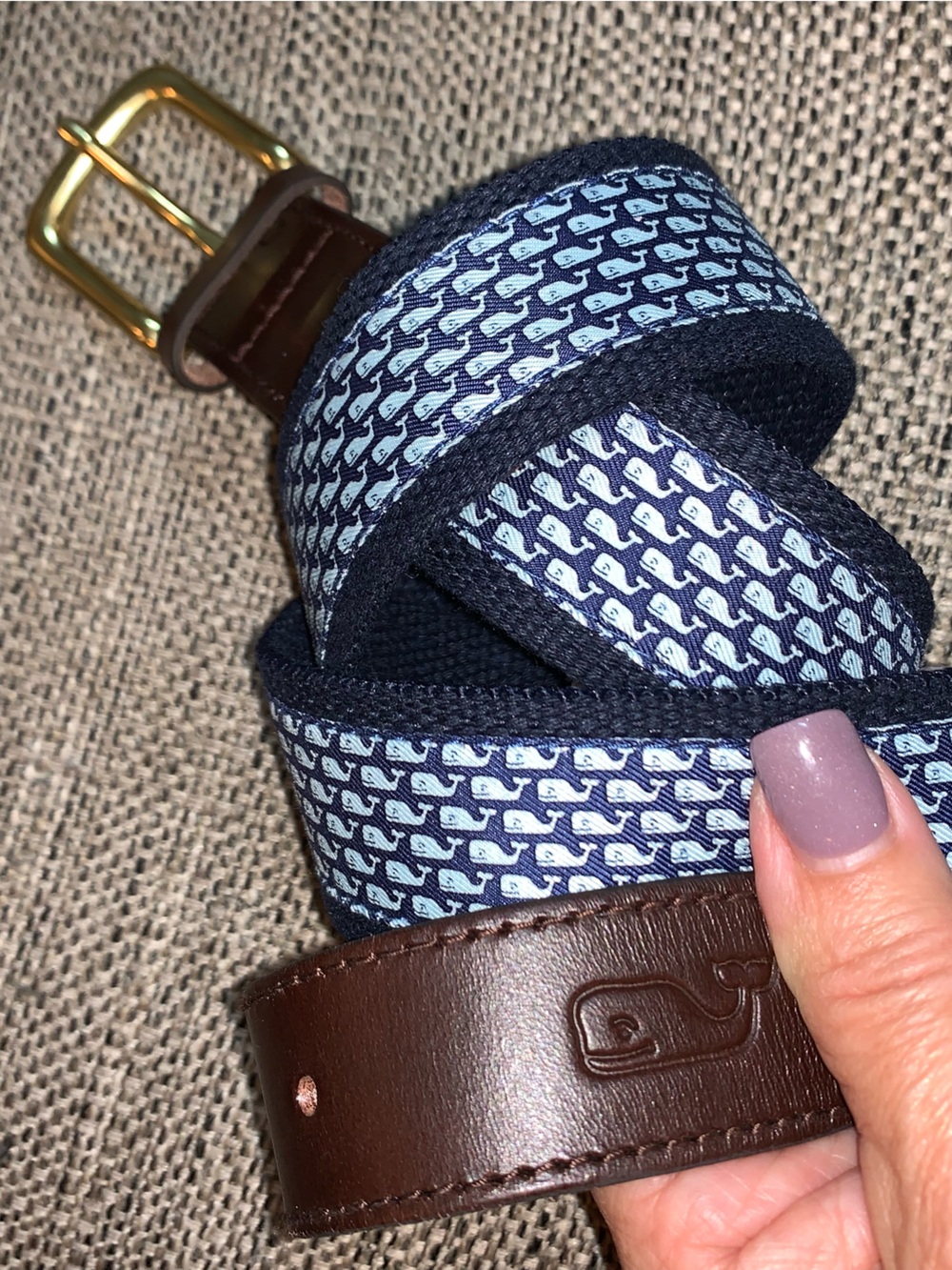 Vineyard vines, belt, silk, fabric, leather & brass buckle sz 32
